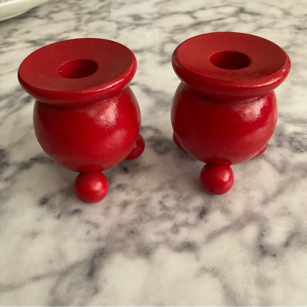 Vintage Swedish Red Floral Folk Art Candle Stick Holders Shelf Decor